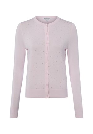 Hellrosa Langarmcardigan mit kleinen perlenartigen Verzierungen und vorderer Knopfleiste, mit geripptem Saum und Bündchen.