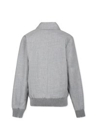 Giacca bomber grigia realizzata in tessuto dalla texture morbida, con colletto, polsini e orlo a costine, caratterizzata da un design del retro in tinta unita e senza hardware visibile.