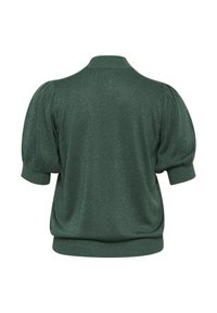 Maglione verde a maniche corte con una finitura lucida e testurizzata. Caratterizzato da un colletto rotondo e maniche a sbuffo, trasmette un look rilassato.