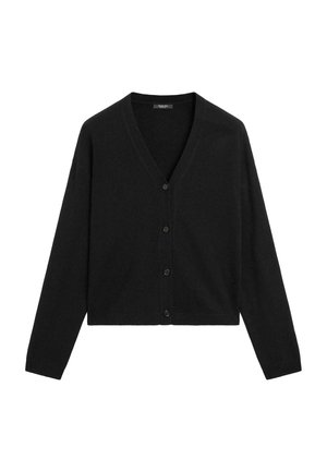 Black cropped cardigan in soft knit fabric; V-neck, long sleeves, and front button closure featuring six black buttons.