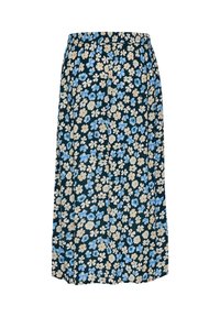 Bloemenprint midi-rok met een donkerblauwe achtergrond, met witte en lichtblauwe bloemen; elastische tailleband; lichtgewicht, vloeiende stof.