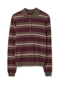 Maglione polo a maniche lunghe con pattina dei bottoni, caratterizzato da righe orizzontali in tonalità bordeaux, verde oliva e rosa chiaro.