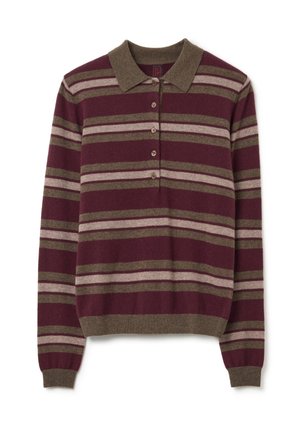 Maglione polo a maniche lunghe con pattina dei bottoni, caratterizzato da righe orizzontali in tonalità bordeaux, verde oliva e rosa chiaro.