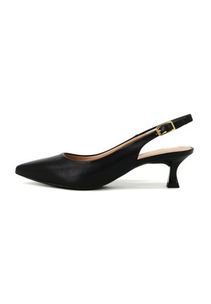 Sort læder slingback kitten heel sko med spids tå og guldspænde, vist i sideprofil på hvid baggrund.