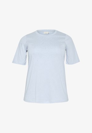 Helles blaues T-Shirt mit kurzen Ärmeln aus weicher Baumwolle, mit einem runden Halsausschnitt und verstreuten metallic Akzenten auf der Vorderseite.