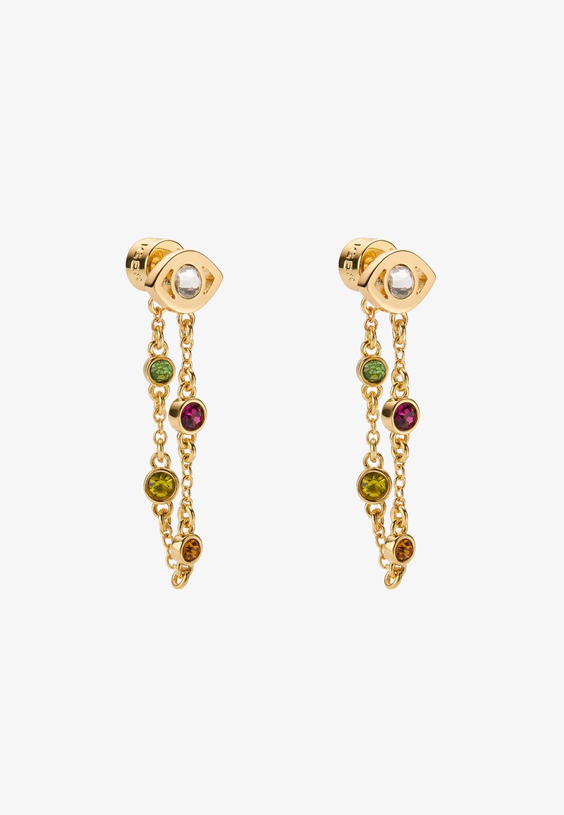 Boucles d'oreilles dorées avec une chaîne pendante ornée de pierres colorées : vert, violet et ambre, et un design œil au clou.