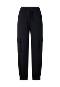 Zwarte cargojoggingbroek met elastische tailleband, trekkoord, zijflapzakken en elastische boorden bij de enkels.