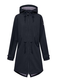 Cappotto impermeabile navy con cappuccio, chiusura a zip completa, vita regolabile con coulisse, due tasche laterali e fodera interna a contrasto. Design di lunghezza media.