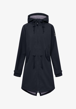 Marineblauwe waterdichte jas met een capuchon, volledige rits, verstelbare trekkoord in de taille, twee zijzakken en contrasterende voering. Middellange ontwerp.