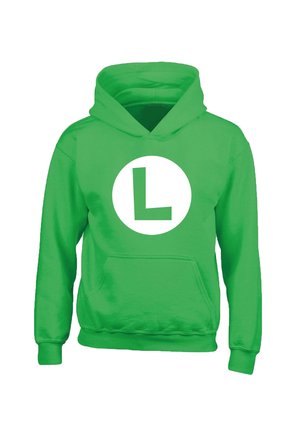 Green hoodie made of soft fabric, featuring a large white circular logo with a stylized "L" in the center. Adjustable drawstring hood.