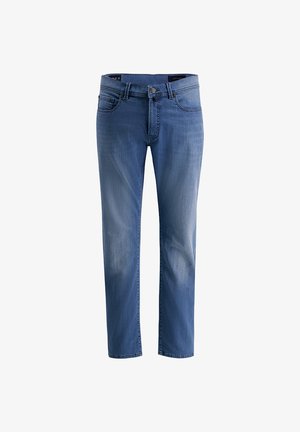 Donkerblauwe denim jeans met een rechte pasvorm, voorzien van een knoopsluiting en vijf zakken. Lichte vervaging op de dijen voegt visuele textuur toe.