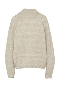 Beige gebreide trui met een hoge kraag, lange mouwen, een relaxte pasvorm en een textuurpatroon, met subtiele variaties in schaduw.