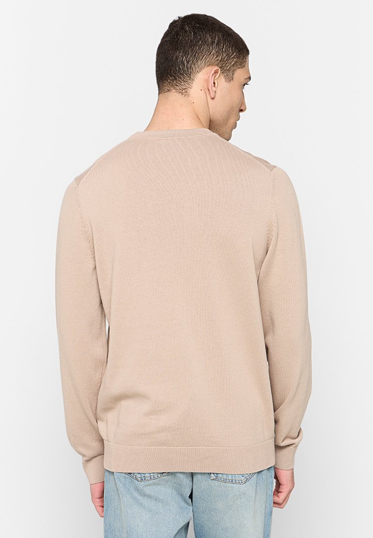 Lichtbeige gebreide trui met lange mouwen, geribbelde manchetten en zoom, en een ronde hals. Gladde textuur met subtiele verticale patronen.