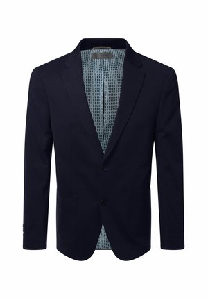 Marineblauw herenblazer met twee knopen, met inkeping op de revers en een lichtblauwe, patroonrijke voering aan de binnenkant.