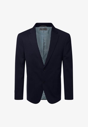 Marineblauw herenblazer met twee knopen, met inkeping op de revers en een lichtblauwe, patroonrijke voering aan de binnenkant.