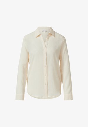 Lichtcrèmekleurig overhemd met knopen, een gestructureerd oppervlak, lange mouwen en een spitse kraag. Heeft een afgeronde zoom en subtiele verticale strepen.