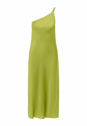 Ermeløs limegrønn midikjole med en enkel tynn skulderstropp på venstre side og en glatt, flytende stofftekstur.