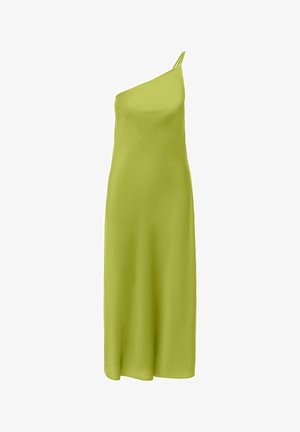 Robe midi sans manches vert citron avec une unique fine bretelle sur le côté gauche et une texture de tissu lisse et fluide.