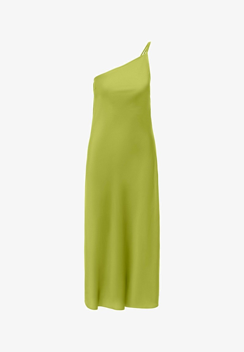 Robe midi sans manches vert citron avec une unique fine bretelle sur le côté gauche et une texture de tissu lisse et fluide.