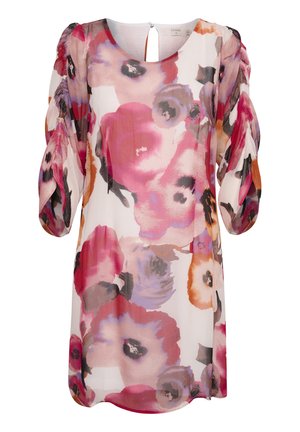 Květinové šaty s krémovým podkladem a živými růžovými, červenými a fialovými květinami. Průsvitná tkanina, dlouhé balónové rukávy a detail s klíčovou dírou na zadní straně.