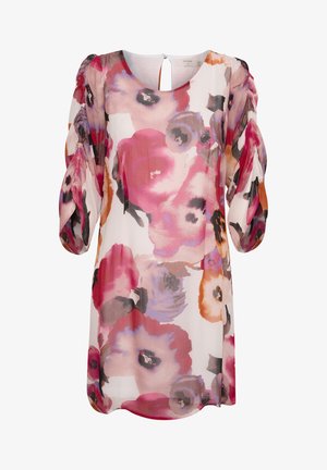 Vestido floral con base cremosa y flores vibrantes en tonos rosa, rojo y púrpura. Tela translúcida, mangas largas abullonadas y detalle de escote en forma de llave en la parte posterior.