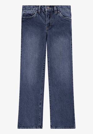 Jeans de ganga azul escuro com um design de perna reta, estilo de cinco bolsos e uma cintura resistente com fecho frontal em botão.