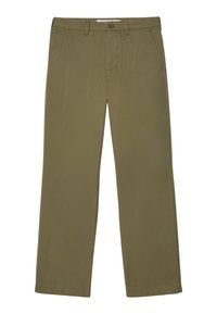 Olijfgroene chino's gemaakt van katoenstof met een rechtsonder ontwerp, voorzien van zijzakken en een metalen knoopsluiting.
