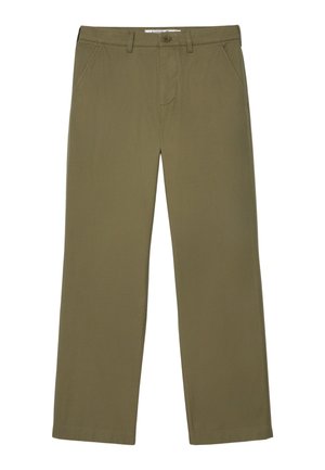 Olive green chinos made from cotton fabric with a straight-leg design, featuring front pockets and a metal button closure.