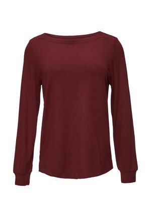 Burgunderfarbenes Langarmshirt mit Bootsausschnitt, weicher Textur und geradem Schnitt. Verfügt über enganliegende Manschetten und ein schlichtes Design ohne Muster.