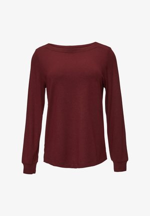 Burgunderfarbenes Langarmshirt mit Bootsausschnitt, weicher Textur und geradem Schnitt. Verfügt über enganliegende Manschetten und ein schlichtes Design ohne Muster.