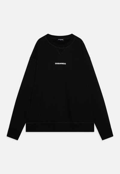 Schwarzes Sweatshirt mit langen Ärmeln und Rundhalsausschnitt, mit weißem "DSQUARED2"-Logo mittig auf der Brust, vor einfachem Hintergrund.