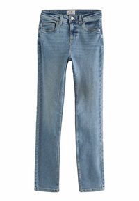 Slim-fit modré džínové kalhoty s mírným pasem, pěti kapsami a jemným vyblednutím. Zpevněné švy na lemech, jemná struktura.