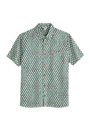 Short-sleeve button-up shirt featuring a green, white, and pink checkerboard pattern, with a single chest pocket and classic collar.