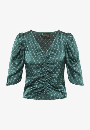 Zielona satynowa bluzka z bufkami, dekoltem w serek, marszczonym przodem i powtarzającym się wzorem złotych okręgów. Gładka tekstura i dopasowany krój.
