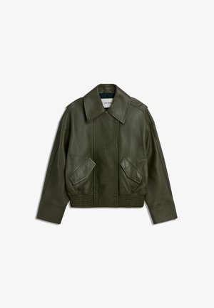 Dark green leather jacket with wide collar, front snap buttons, two angled flap pockets, and elasticized hem and cuffs.