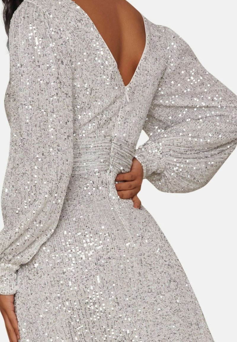 chi chi london grey dress Chi Chi London Long Sleeve Glitter Plisse Wrap Midi Dress in Silver