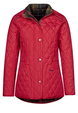 Rode doorgestikte jas met drukknopen, twee voorzakken en een geruite kraagvoering.