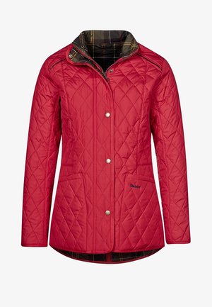 Red quilted jacket with snap buttons, two front pockets, and a plaid collar lining.