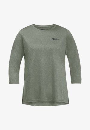 Lange mouwen, crew-neck shirt in gedempt olijfgroen. Gemaakt van zachte, gestructureerde stof met een logo op de linkerkant van de borst en zijsplitten aan de onderkant.