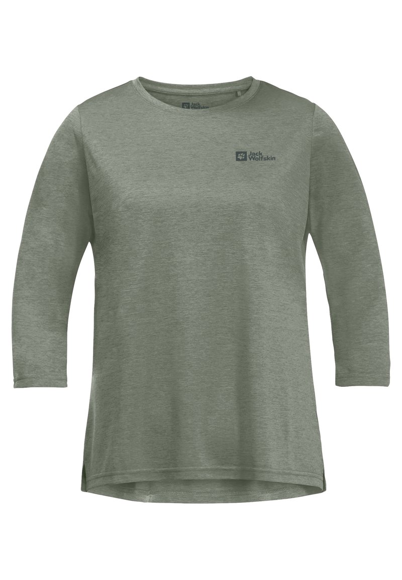Lange mouwen, crew-neck shirt in gedempt olijfgroen. Gemaakt van zachte, gestructureerde stof met een logo op de linkerkant van de borst en zijsplitten aan de onderkant.