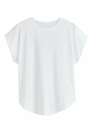 Vit kortärmad T-shirt i mjuk bomull med ledig passform, rund halsringning och en böjd fåll längst ner.