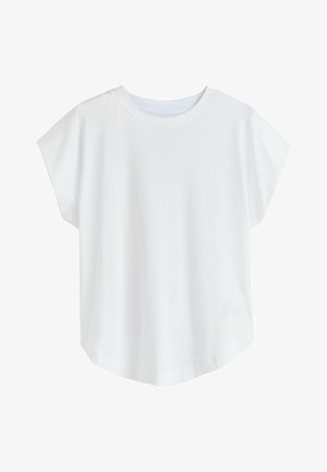 Fehér rövid ujjú póló puha pamutból, laza szabással, kerek nyakkivágással és ívelt alsó szegéllyel.