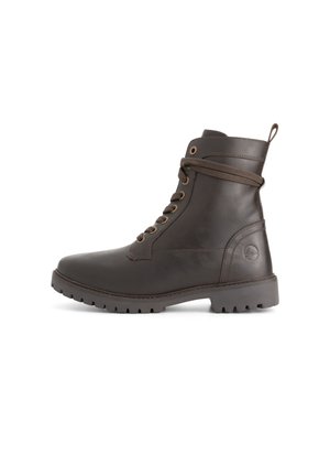 Brown leather ankle boots with a rounded toe, lace-up front, and side pull tab. Features metal eyelets and rugged soles for traction.