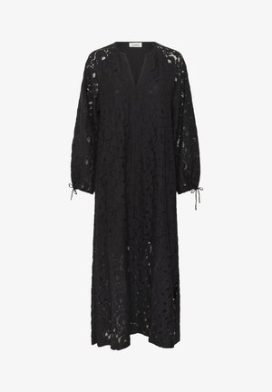 Schwarzes Spitzekleid mit V-Ausschnitt, langen Ärmeln und Bindebändern an den Manschetten. Es verfügt über ein florales Muster, das eine transparente Textur und eine fließende Silhouette bietet.