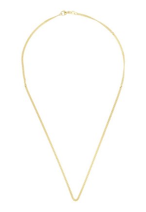 Dünne goldene Halskette mit Karabinerverschluss, vor weißem Hintergrund dargestellt.
