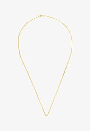 Dünne goldene Halskette mit Karabinerverschluss, vor weißem Hintergrund dargestellt.
