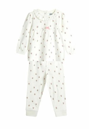 Weißes Langarm-Pyjama-Set für Kleinkinder mit kleinen rosa Blumenmustern, Rüschensaum am Kragen und einer zentralen rosa Schleife an der Oberseite.