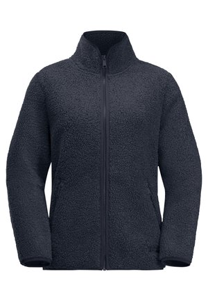 Dark blue fleece jacket with a high collar, zip closure, side pockets, and textured fabric. Soft, warm, and casual design.