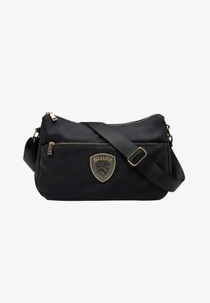 Borsa a tracolla nera con cerniere dorate, tracolla regolabile, tasca frontale con cerniera e patch con il logo del marchio Blauer sulla parte anteriore.