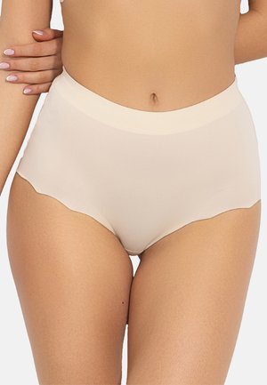 Hoge taille beige onderbroek met een gladde, elastische textuur en gegolfde beenopeningen. Het naadloze ontwerp verhoogt het comfort en de pasvorm.